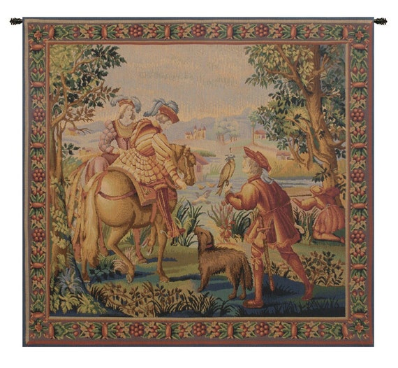 Falconry Tapestry: Medieval Noble Scene, Woven Wall Decor (31x32 inch)