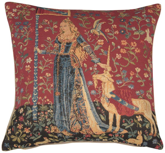 Lady and Unicorn Tapestry Cushion Cover: Medieval Belgian Pillow (18x18)