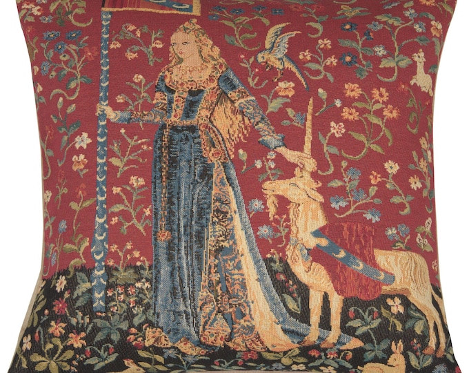 Lady and Unicorn Tapestry Cushion Cover: Medieval Belgian Pillow (18x18)