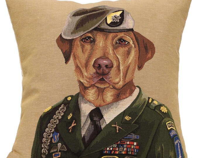 Belgian Jacquard Woven Dog Military Tapestry Cushion Cover 18x18 inch - Decorative Throw Pillow Case
