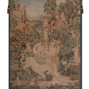 Licorne A La Fontaine I European Wall Tapestry - Unicorn Decorative Wall Hanging - Woven Wall Tapestry - Animals and People Art Wall Hanging