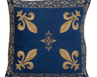 Fleur De Lys Blue Belgian Cushion Cover 18x18 inch – Floral Tapestry Decorative Throw Pillow Covers for Sofa & Home