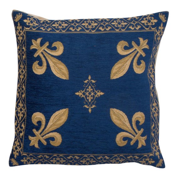 Fleur De Lys Belgian Tapestry Cushion Cover: Blue Floral Pillow (18x18 inch)