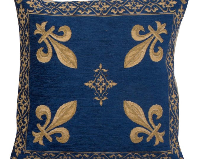 Fleur De Lys Belgian Tapestry Cushion Cover: Blue Floral Pillow (18x18 inch)