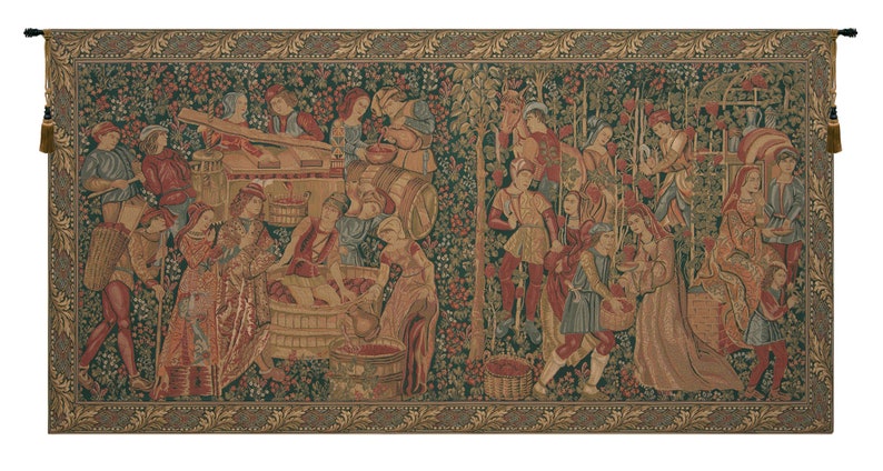 May include: A tapestry depicting a scene of grape harvesting and winemaking. The tapestry features a group of people working in a vineyard, picking grapes, and pressing them into a large vat. The tapestry is woven in rich colours, including shades of red, green, and gold.