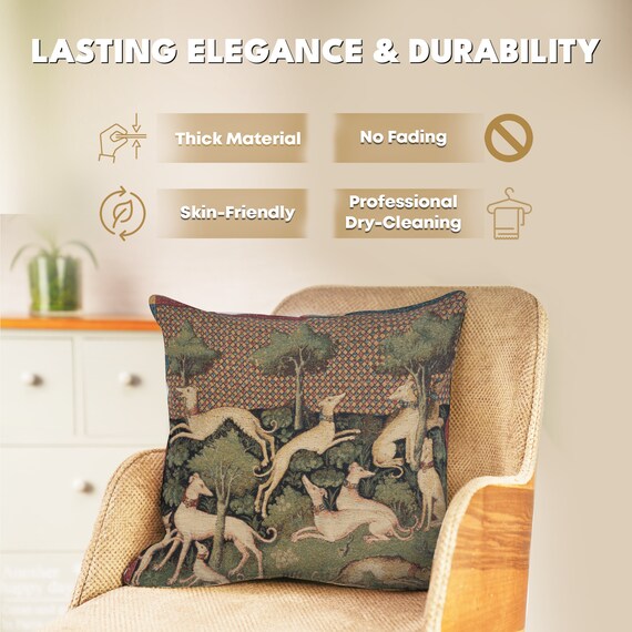 Medieval Dog Tapestry Pillow Cover: Belgian Woven Jacquard Cushion