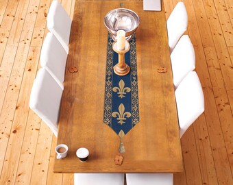 Fleur De Lys Blue Table Runner 78x12 inch - French Jacquard Woven Tapestry - Elegant Dining Room Decor