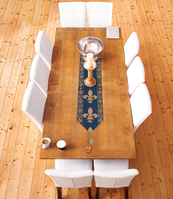 Fleur De Lys Table Runner: French Jacquard Woven Cotton, 78x12