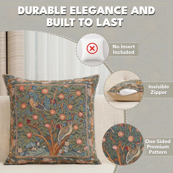 William Morris Woodpecker Pillow Cover: French Woven Tapestry Cushion (19x19)