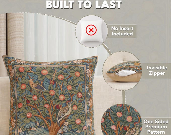 William Morris Woodpecker Pillow Cover: French Woven Tapestry Cushion (19x19)