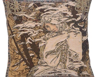 Mucha Winter Cushion Cover - Gobelin Belgian Pillow Cover - 18x18 inch  Woven Belgian throw Pillow Cover - Decorative Jacquard Cushion Cover