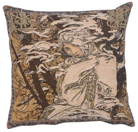Mucha Winter Tapestry Pillow Cover: Art Nouveau Jacquard Cushion (18x18 inch)