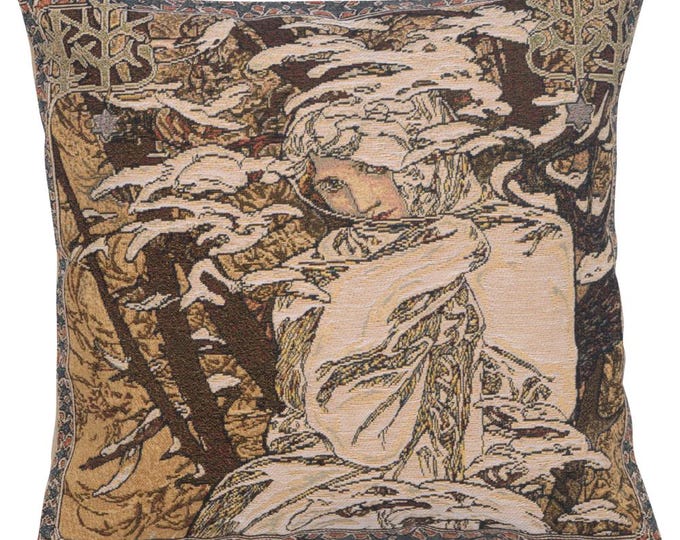 Mucha Winter Tapestry Pillow Cover: Art Nouveau Jacquard Cushion (18x18 inch)