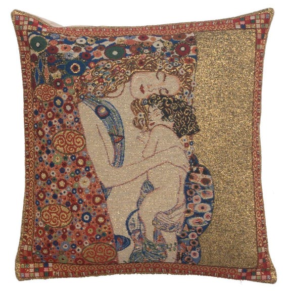 Klimt 'Mother and Child' Tapestry Pillow Cover - Belgian Woven Art (16x16 Inch)