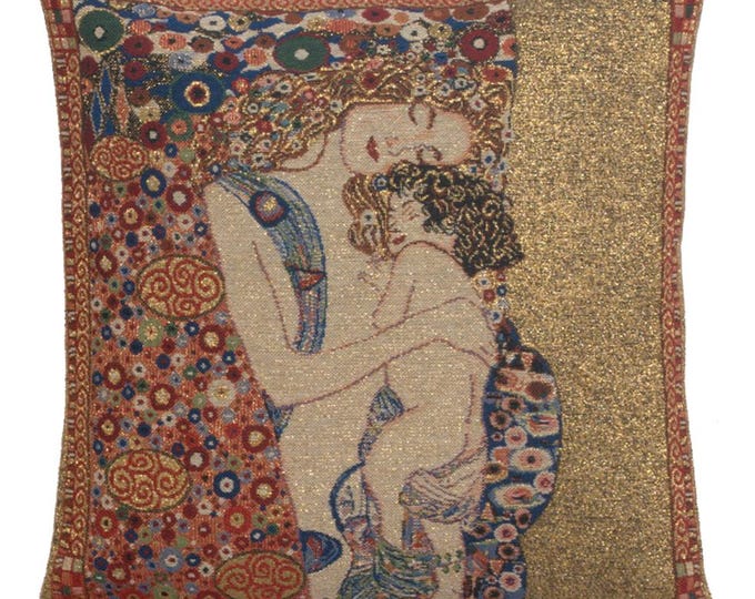 Gustav Klimt Mother and Child Tapestry Throw Pillow Cover – Belgian Woven Art Cushion (16x16)