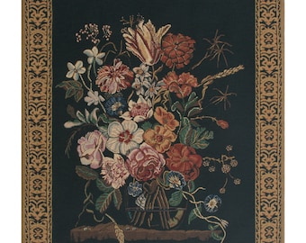 Bouquet de Verendael European Wall Tapestry Woven - Black Background Floral Wall Hangings - Belgian Flower Wall Decor Art