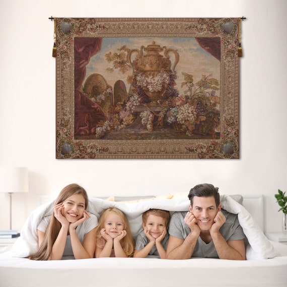 Vase and Raisins Tapestry: French Woven Floral Wall Hanging