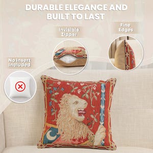 Medieval Lion Tapestry Cushion Cover | French Goblin Sofa Throw Pillow | 14x14 Inch Decorative Art