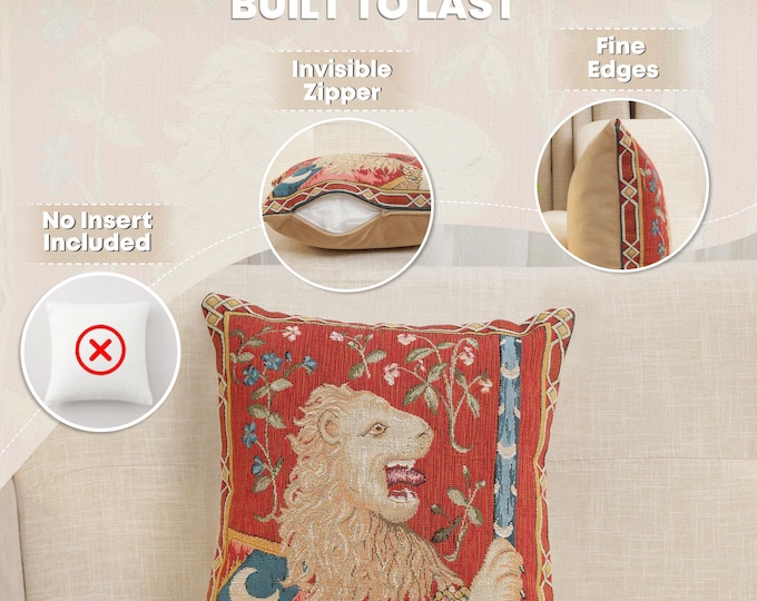 Medieval Lion Tapestry Cushion Cover | French Goblin Sofa Throw Pillow | 14x14 Inch Decorative Art