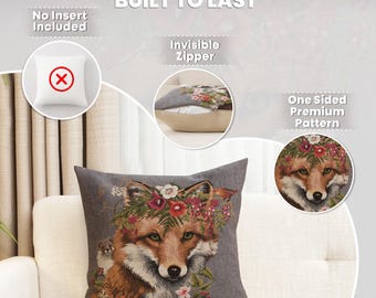 Forest Fox Grey Belgian Tapestry Cushion Cover 18x18 inch Inch, Woven Pillow Case, Decorative Couch Cushion Covers for Rustic Home Decor
