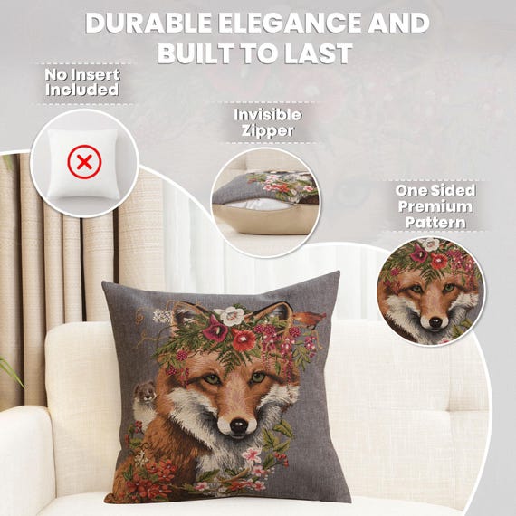 Forest Fox Tapestry Cushion Cover: Grey Belgian Woven Pillow, 18x18 inch