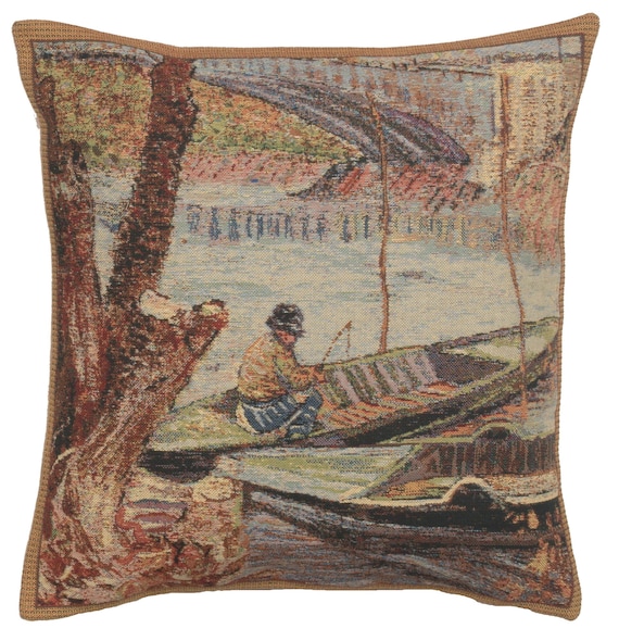 Van Gogh Tapestry Cushion Cover: French Fishing Scene Throw Pillow (16x16 inch)