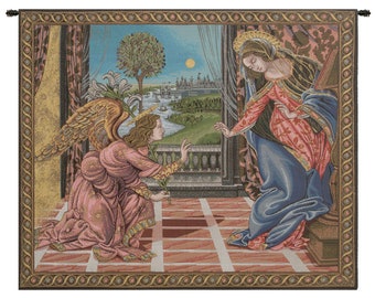 Annunciation Botticelli European Wall Tapestry - Christ Child Wall Decor Art - Woven Italian Wall Tapestry - Angle Religious Wall Hanging