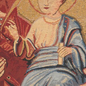May include: A tapestry depicting a religious scene with a central figure of a young boy wearing a blue robe and holding a book. The boy is surrounded by two other figures, one on each side, with the figure on the left wearing a red robe.