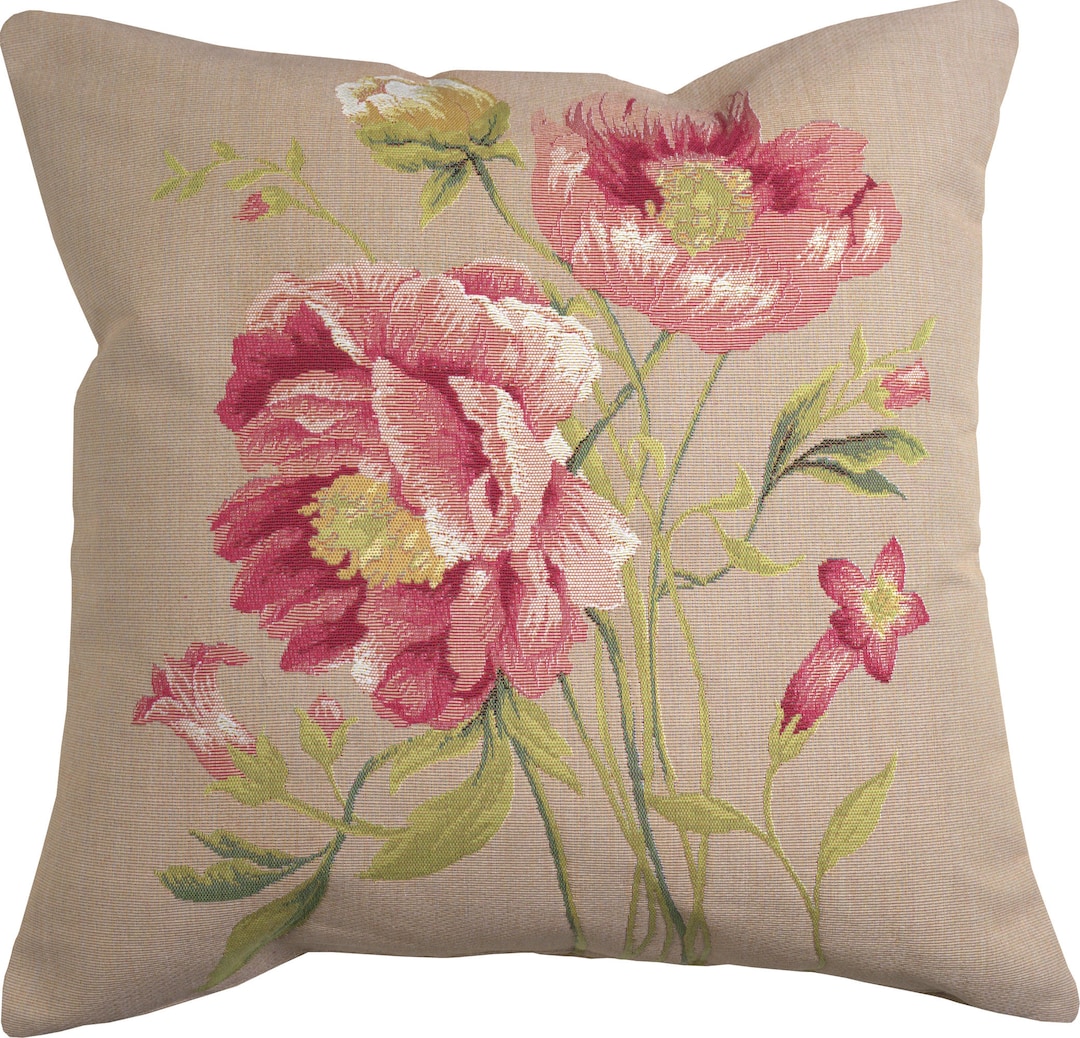 Single Peonies Throw Pillow Cover Jacquard Woven Belgian Tapestry