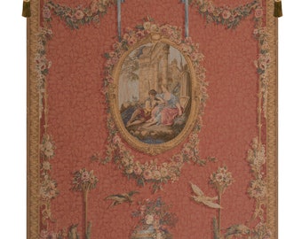Medallion Serenade Rouge Wall Tapestry Hanging Woven - Medieval Woven Birds and Floral Wall Art - Decorative French Wall Hanging