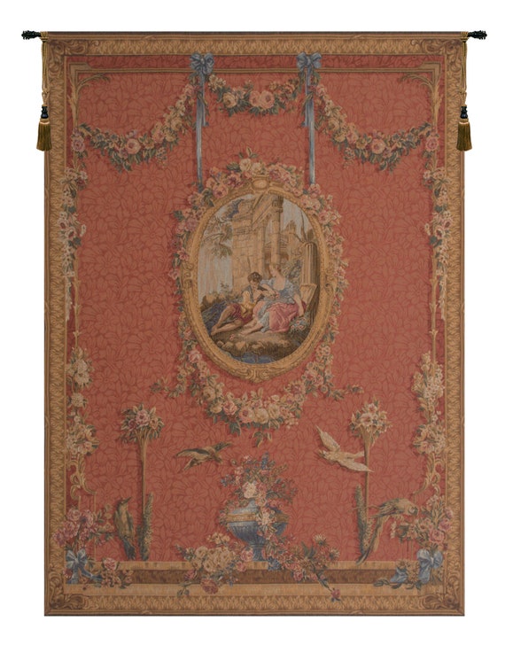 French Medieval Floral Medallion Tapestry - Rouge Serenade Birds Wall Hanging Art for Home Decor