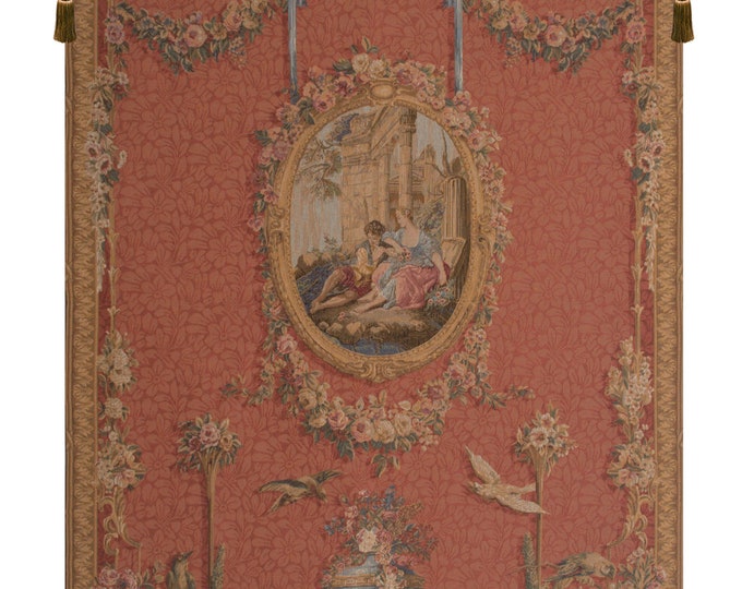 French Medieval Floral Medallion Tapestry - Rouge Serenade Birds Wall Hanging Art for Home Decor