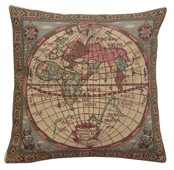 East Map Tapestry Pillow Cover: Medieval Woven Cushion, 16x16 inch