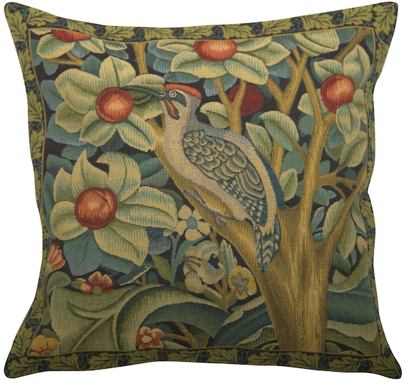 William Morris Woodpecker Tapestry Pillow Cover: Belgian Floral Cushion (18x18)