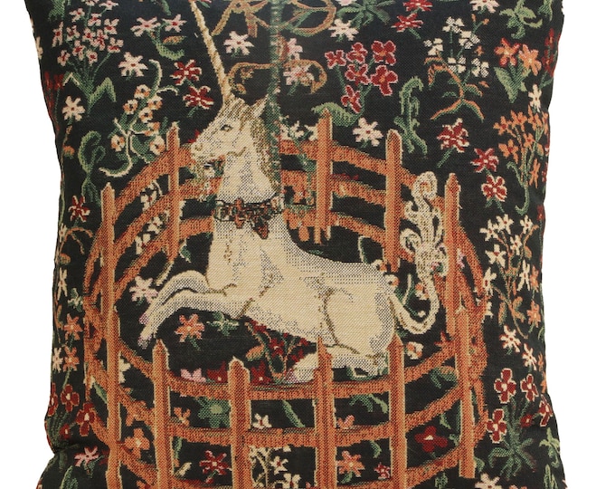 Belgian Woven Unicorn Millefleurs Tapestry Pillow Cover 16x16 Inch - Fantasy Home Decor Cushion Gift