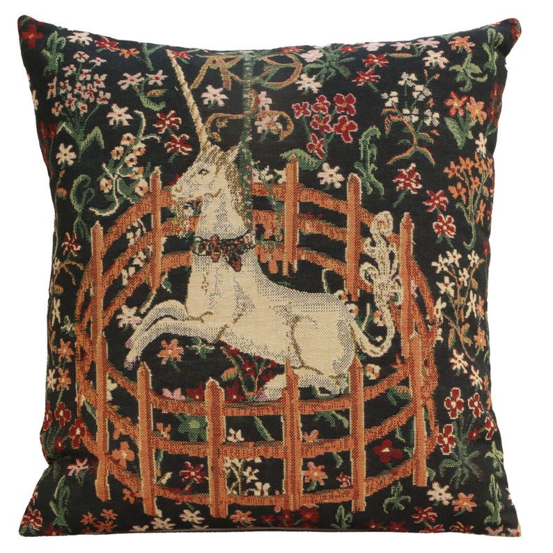 Belgian Woven Unicorn Millefleurs Tapestry Pillow Cover 16x16 Inch - Fantasy Home Decor Cushion Gift image 1