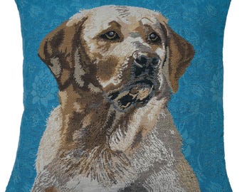 Yellow Labrador Tapestry Cushion Cover Belgian Woven Teal Floral Pillow 16x16