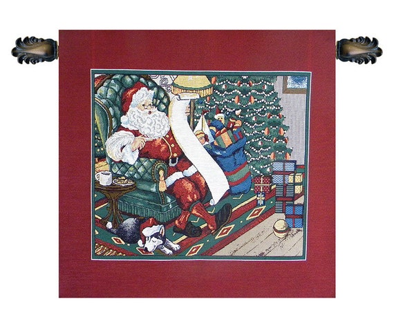 European Christmas Tapestry: Santa on Chair Scene - Woven Religious Holiday Wall Art Decor