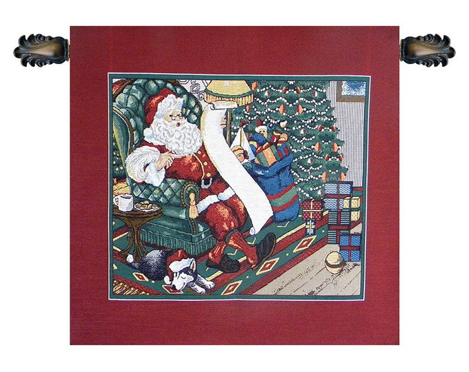 European Christmas Tapestry: Santa on Chair Scene - Woven Religious Holiday Wall Art Decor