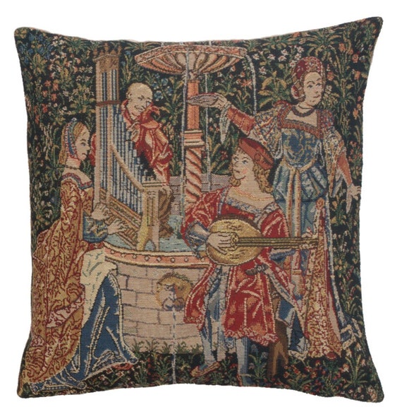Medieval Floral Concert Tapestry Pillow Cover 16x16 - Woven Gobelin Cushion for Sofa Decor
