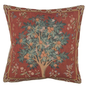 Orange Tree William Morris Tapestry Pillow Cover 19x19 inch - Gobelin Woven Decorative Cushion Cover - Medieval Floral Throw Pillows Case