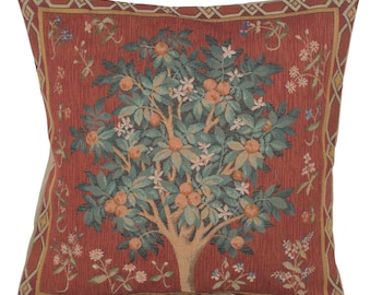 Orange Tree William Morris Tapestry Pillow Cover 19x19 inch - Gobelin Woven Decorative Cushion Cover - Medieval Floral Throw Pillows Case
