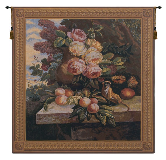 Monkey & Flower Jacquard Tapestry: Belgian Woven Wall Decor (39x37 inch)