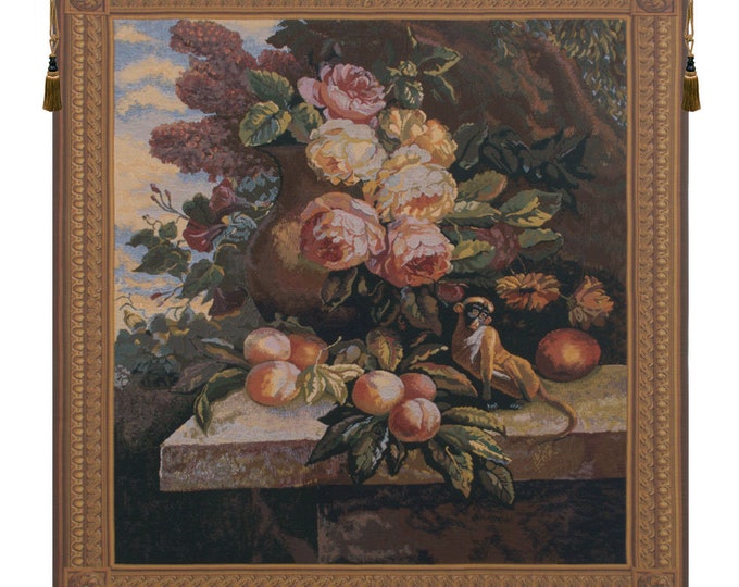 Monkey & Flower Jacquard Tapestry: Belgian Woven Wall Decor (39x37 inch)