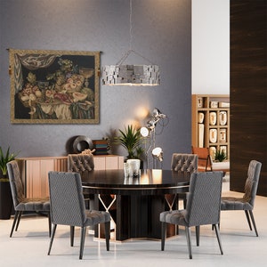 Elegant Feast Setting European Wall Tapestry - Medieval Woven Wall Decor Art - Black Background Belgian Wall Tapestry - Decorative Wall Art