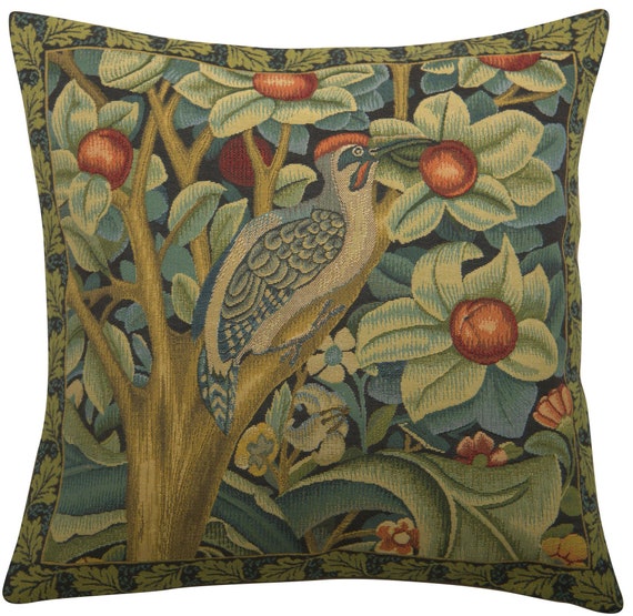 William Morris Woodpecker Tapestry Pillow Cover: Bird & Floral Cushion (18x18 inch)