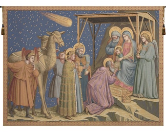 Adoration European Wall Tapestry - Baby Jesus Wall Decor Art - Woven Italian Wall Tapestry - Religious Jacquard Wall Hanging