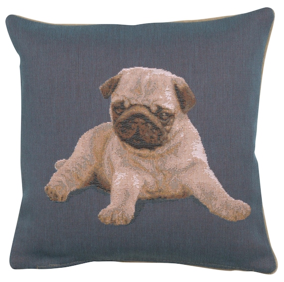 Pug Puppy Tapestry Cushion Cover: Blue Dog Art Pillow, 14x14 inch