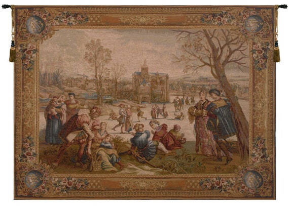 Les Patineurs Tapestry: French Woven Medieval Winter Scene