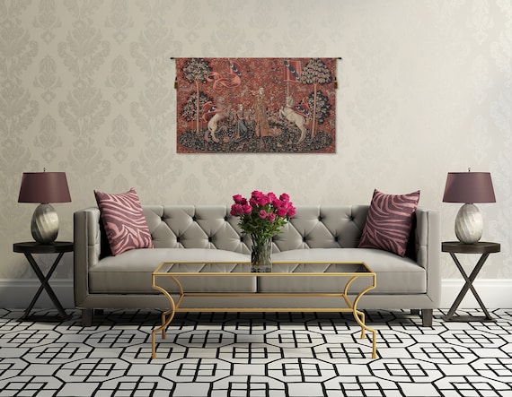 Lady and Unicorn Medieval Tapestry: Enchanting Woven Jacquard Wall Art for Elegant Home Decor